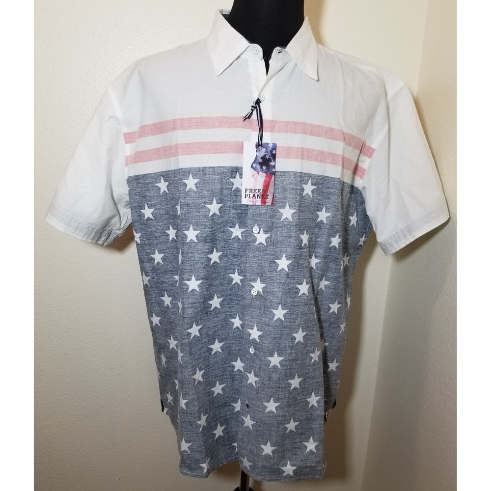Free Planet Mens 1X Red White Blue American Flag Short Sleeve Patriotic Shirt
